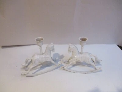 2 Vintage White Rocking Horse Cast Metal Candle Stick Holders - Image 1 of 4