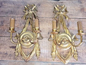 Antique Italian Pair of Carved Gilded Wood Louis XVI 2-Flame Wall Sconces 20th C - Picture 1 of 8
