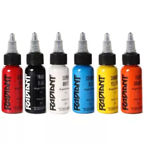 RADIANT COLORS 6 Color Tattoo Ink Set 1/2oz Bottles Kit Pigment MADE IN USA - Picture 1 of 6