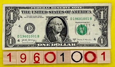 1960 October 1 ￼Birthday Year Note 19601001 Fancy Serial Number One Dollar Bill - Image 1 of 4