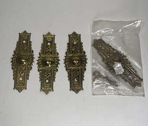 Vintage Stamped Brass 5” Drawer Back Plates Gold Tone Holes 3” (4)Made in India Cover