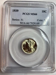 1939-P PCGS MS66 LUSTROUS BEAUTY! Mercury Dime, GEM BU U.S. Silver Mint State - Picture 1 of 4