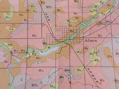 Antique 1904 Map Michigan Alma Ithaca St Louis Breckenridge Approx 28 X15 #10242 - Image 1 of 4