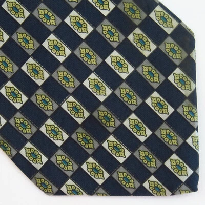 Barrington 男式丝绸领带蓝色白色方格花卉奖章意大利 56x4 — 第 1/4 张图片