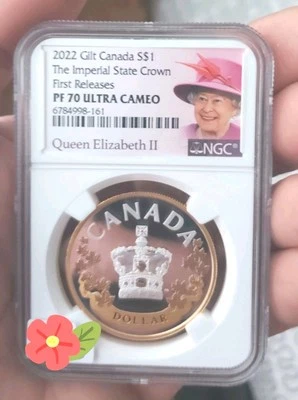🇨🇦TOP POP Grade 2022 Canada Silver GILT 1 Dollar Imperial State Crown NGC PF70 - Image 1 of 4