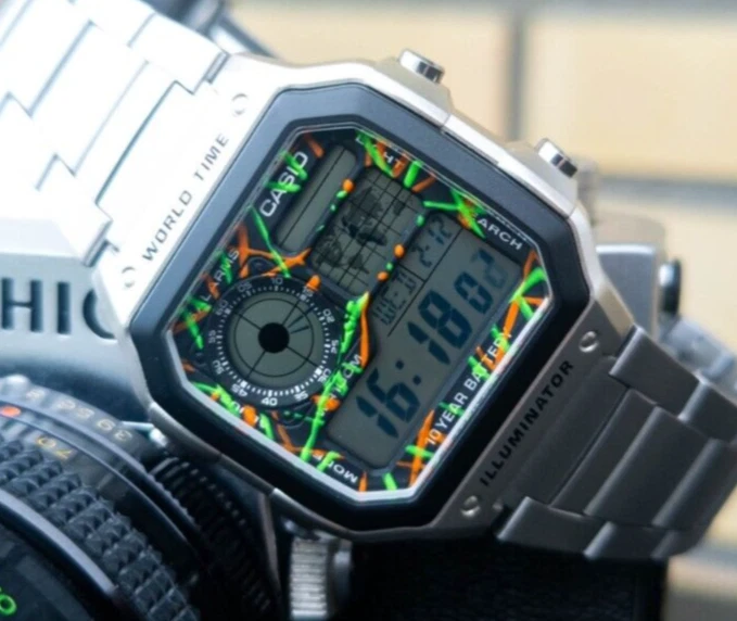 Hand-Painted Casio AE-1200 Mod Neon Green & Orange - Casio Royale - AE-1200WHD - Bild 1 von 4