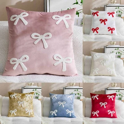 UK Embroidered Bow Velvet Cushion Cover Soft Pillow Case Home Sofa Decor NEW - Image 1 of 4