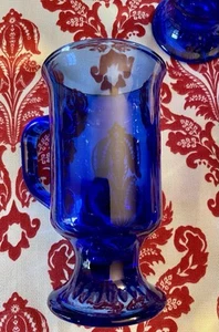 Set of 4 Vintage Anchor Hocking Blue Glass Irish Coffee Mug Pedestal Base USA - Picture 1 of 5