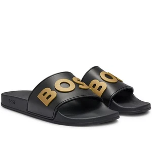 Italian-Made Raised Logo Sliders, Black/Gold - Picture 1 of 2