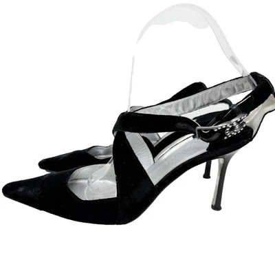 CHANEL Black Velvet CC Bejeweled Pointy Stiletto Pumps Size 38 EU 8 US Formal - Image 1 of 4