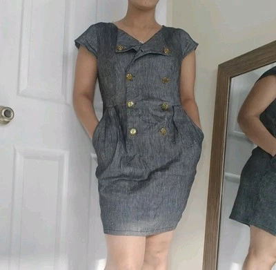 Vestido Vaina Kimchi Azul M Gris Lino Botón Cambray Bolsillos Manga Corta Foto 1 de 4