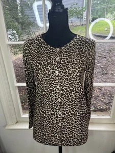 George Womens Cardigan Size S Sweater Buttons Black Gray Animal Print Thin Knit - Picture 1 of 5