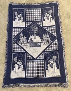 Vintage 1992 Merry Christmas Snowman Snowy Cabin Tapestry Throw Blanket 63”x42” - Picture 1 of 9
