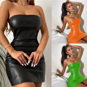 Womens Sexy Wet Look Short Mini Dress PVC Leather Bodycon Shiny Party Clubwear - Picture 1 of 20