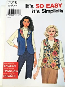 Simplicity 7318 Reversible VEST 6-16 bust 30.5-38  pattern Uncut FF 1996 - Picture 1 of 9