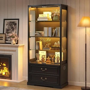 Display Cabinet with Glass Doors and 2 Drawers, Adjustable Glass Height Bookcase - Picture 1 of 15