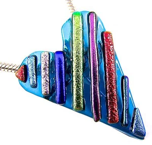 HEART Dichroic Glass PENDANT BROOCH PIN Rainbow Blue Gold Orange Mosaic Stripes - Picture 1 of 4