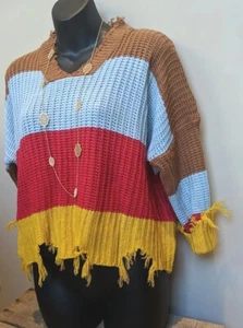 Women's Sweater Sz M Distressed Cropped Colorful Grunge Shabby - Picture 1 of 12