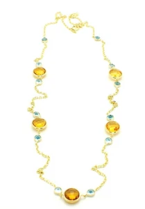 14K Yellow Gold Necklace With Blue Topaz and Citrine Gemstones 18 Inches - Picture 1 of 3