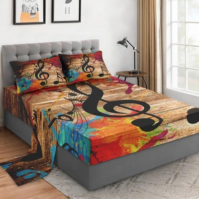 King Size 4 Pcs Bed Fitted Sheet Set with 14" Deep Pocket, Black Retro Wood G... - Image 1 of 4