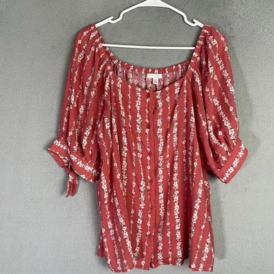 LC Lauren Conrad Top Womens Size XXL Red Floral Square Neck Preppy Rayon Blend - Image 1 of 4