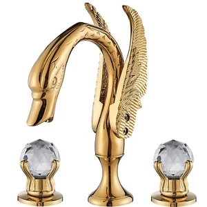 Gold Swan Bathroom Sink Faucet 3 hole 8"Widespread Waterfall Vanity Basin Mixer - Picture 1 of 13