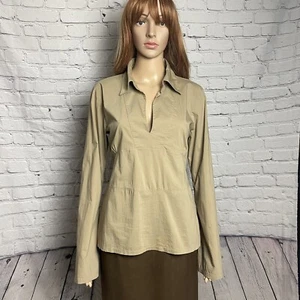 Benetton Beige Cotton V-Neck Blouse With Back Tie Size L - Picture 1 of 12