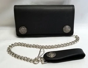 Buffalo Nickel Black Leather Trucker Wallet 6" x 3.5" With 12" Chain MADE IN USA - Picture 1 of 8