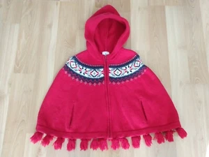 EUC Land's End Girls' 5-7 FairIsle Zip front Hooded Cape, Rich Red - Picture 1 of 4