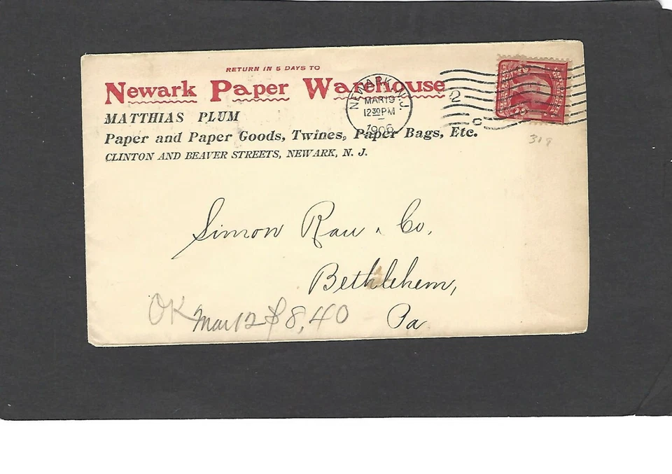 1906 NEWARK PAPER WAREHOUSE,NEWARK,NJ ADVERTISING COVER-PAPER & TWINES - Image 1 of 1