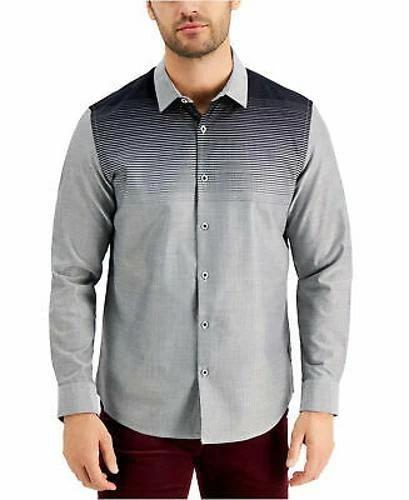 Alfani Mens Croydon Woven Regular Fit Button Down Shirt Black Gray M