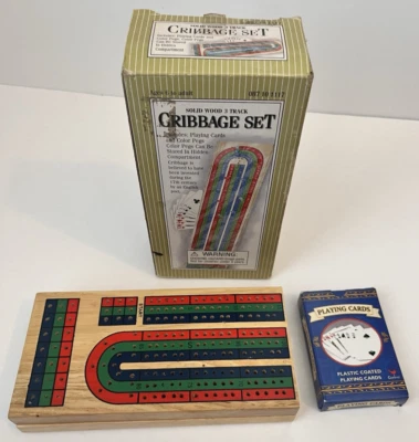 Solid Wood Cribbage Set Folding 3 Track Board with Playing Cards Bonus Owl Deck - Image 1 of 4