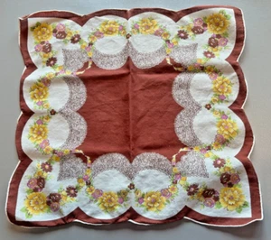 Vintage Floral Cotton Handkerchief Brown Background Hand Rolled Hem 11 1/2 x 12 - Picture 1 of 3