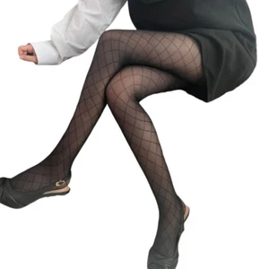 Women Rhombus Plaids Jacquard Stockings Thin Sheer Silk Black Pantyhose Tights - Picture 1 of 11