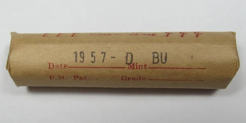 1957-D Lincoln Cents/Wheat Penny BU Roll of 50 Pennies in Old Unopened Wrapper Cover