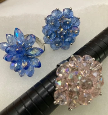 Silver Tone Glass Crystal Sapphire Blue & Light Pink  Beaded Cluster Rings Set 3 - Image 1 of 4
