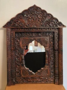 Vintage Holz Wand Jharokha gewölbter Spiegel Rahmen schwere Details floral handgeschnitzt - Bild 1 von 12