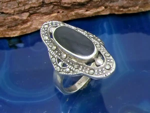 Marcasita Anillo Mujer Piedra Negro 925 de Plata Ley Talla 54 Vintage - Imagen 1 de 5