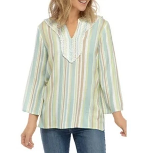 Ruby Rd New Women's Boho Embroidered Striped 3/4 Sleeve Tunic Top Size Small - Picture 1 of 4