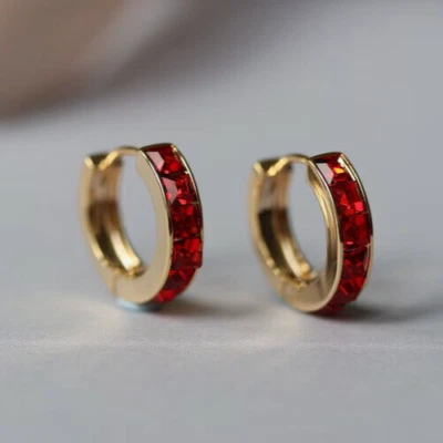 2.10Ct Created Red Ruby Princess Cut Huggie Hoop Earrings 14K Yellow Gold Finish - Image 1 of 4
