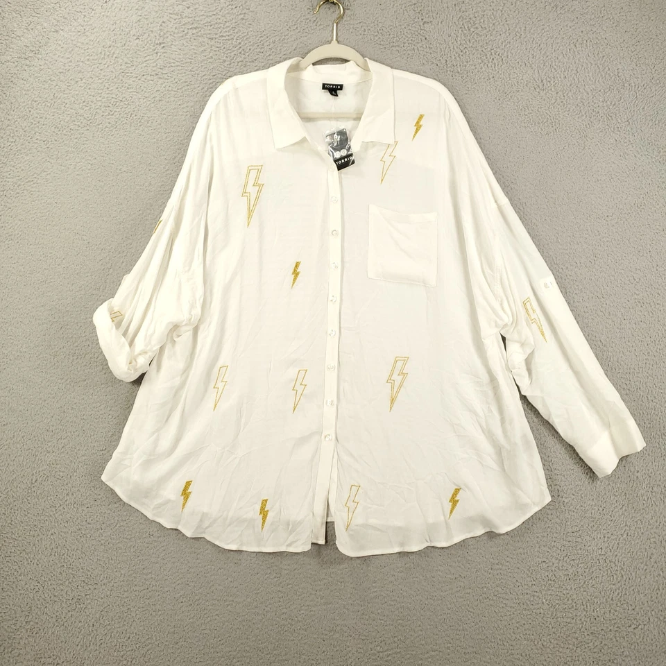 New Torrid Lightning Top Womens 3X White Tunic Blouse Roll Tab Sleeve White Gold - Image 1 of 4