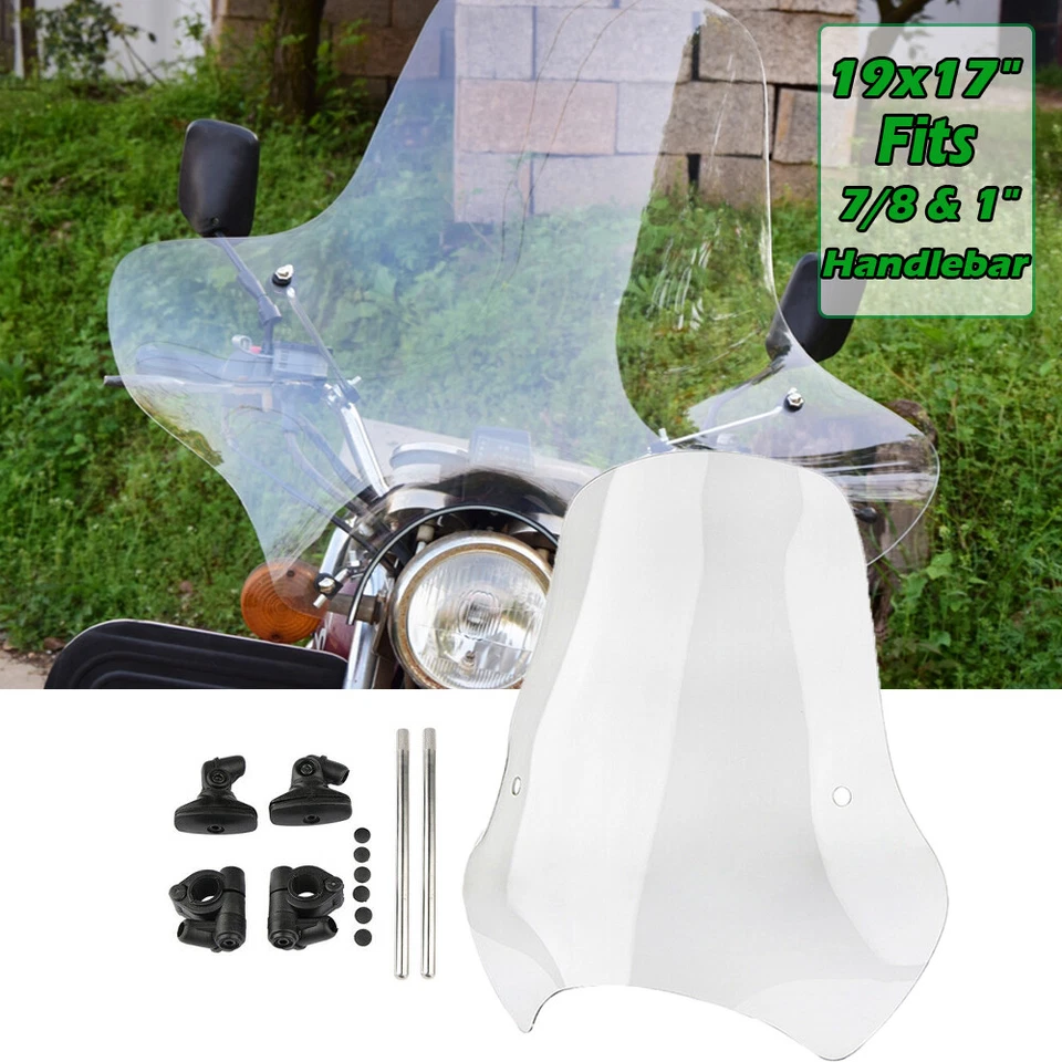 Parabrisas manillar moto grande universal 7/8 y 1" barra transparente pantalla 19x17" Foto 1 de 4