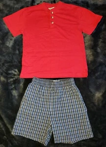 Boy's Summer Outfit Size 7 - Blue Plaid Cotton Shorts & Red Cotton Shirt - Picture 1 of 5