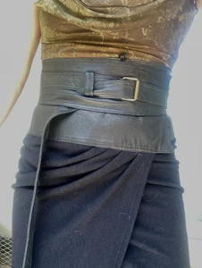 Vtg Donna Karan Y2K 90s Leather wool wrap draped skirt corset black khaki 80s - Picture 1 of 10