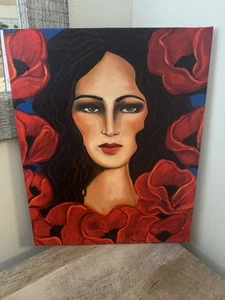 Laura Lopez canoa tela arte da parete donna ispanica papaveri rossi floreale Messico latino - Foto 1 di 14