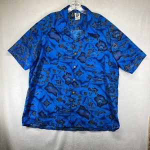 Vintage 90er Hawaiihemd Herren XL dünn blau Detained Map Islands Hawaii Tasche - Bild 1 von 19