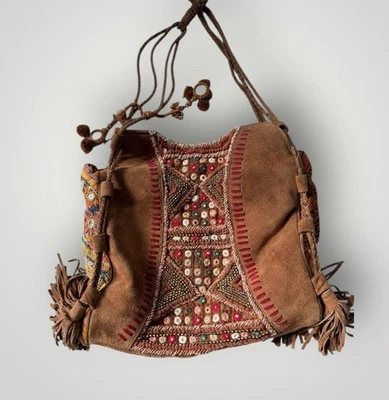 FREE PEOPLE MULTI COLORED EMBROIDERED CROSSBODY w/ MIRRORS SUEDE & COTTON BAG - Image 1 of 4