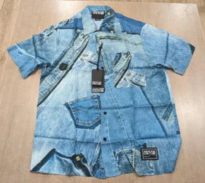 $425 Mens Versace Jeans Couture Print Patch Button Up Shirt Light Blue 48 US M - Picture 1 of 7