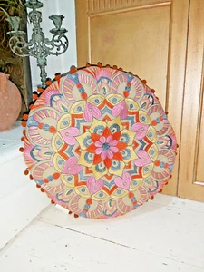 INDIAN HANDMADE COTTON FLOOR CUSHION WITH EMBROIDERY & POM POMS - Picture 1 of 13
