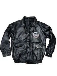 Military Jacket Mens Large Black Heavy Leather Bomber Veteran Vietnam Patch Coat - Picture 1 of 4